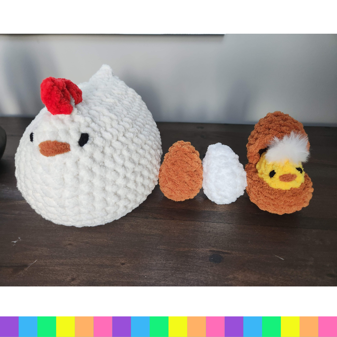 Chrocheted Mama Hen with Eggs & Chick